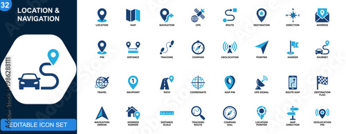 Location and navigation icon set, map, GPS, route, destination, directions, distance, address, geolocation, tracking, compass. Solid icons collection. Vector.