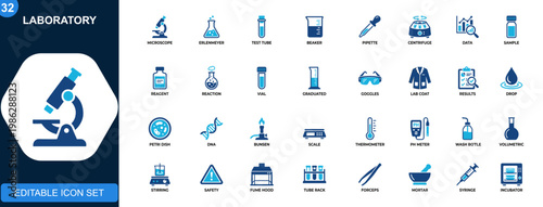 Laboratory icon set, experiment, test tube, microscope, flask, chemistry, biology, research tools. Solid icons collection. Vector.