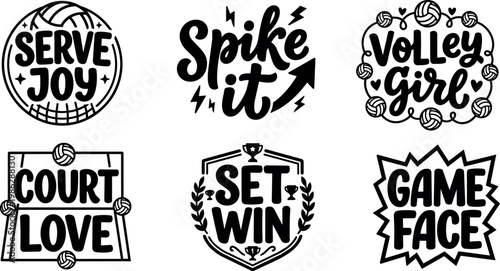 Black and white volleyball phrases serve joy spike it volley girl court love set win game face vector art