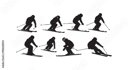 Dynamic collection of skiers in various active poses on the slopes, winter sports and recreation activity.