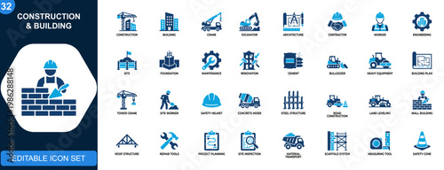 Construction and building icons set, crane, excavator, architecture, contractor, engineering, maintenance, foundation, industrial tools. Solid icons collection. Vector.