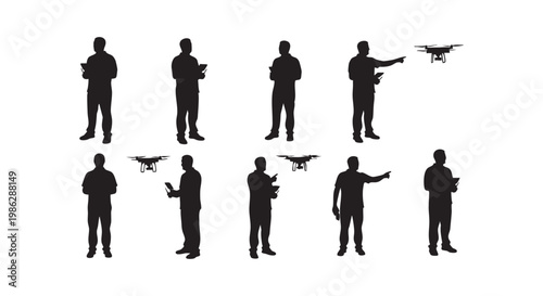 Drone pilot silhouettes set operators controlling quadcopters with remote devices and tablets isolated on white background.