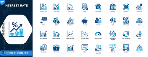 Interest rate icon set, high and low rates, percentage growth and decline, mortgage, loan, banking, inflation, credit and debt. Solid icons collection. Vector.