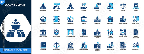Government icons set, parliament, election, voting, law, justice, police, governance, public administration. Solid icons collection. Vector.