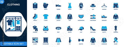 Clothing icon set, apparel wardrobe, shirt, pants, shoes, dress, coat, hat, hanger, underwear, footwear. Solid icons collection. Vector.