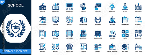 School icon set, education, classroom, student, teacher, learning, subjects, graduation, university, study tools. Solid icons collection. Vector.
