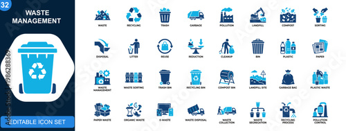 Waste management icon set, recycling, trash, pollution, landfill, composting, sorting, disposal, environmental cleanup. Solid icons collection. Vector.