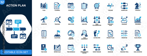Action plan icon set, planning, schedule, task management, goal tracking, timeline, collaboration, workflow, analysis, execution. Solid icons collection. Vector.