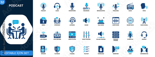 Podcast icons collection, audio, microphone, recording, broadcasting, streaming, interview, radio, voice, media. Solid icons collection. Vector.
