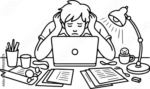 Stressed person working late on a laptop with many papers around them.