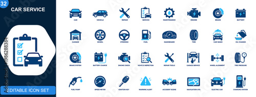 Car service and repair icon set. Vehicle maintenance, engine, oil, brake, battery, garage, car wash, driving controls. Solid icons collection. Vector.