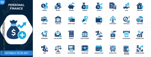 Personal finance icon set, budget, savings, expense, income, tax, loan, mortgage, payments, banking tools. Solid icons collection. Vector.