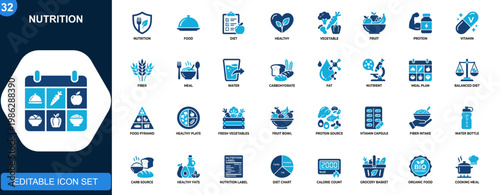 Nutrition icon set, healthy food, vegetables, fruits, protein, vitamins, fiber, meal planning, hydration, balanced diet. Solid icons collection. Vector.