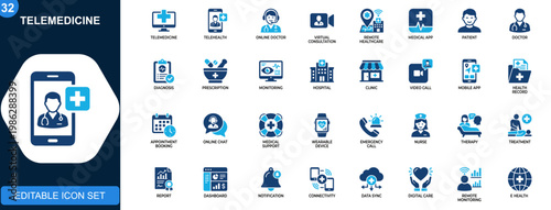 Telemedicine icon set, telehealth, virtual consultation, online doctor, remote healthcare, medical app, smart hospital. Solid icons collection. Vector.