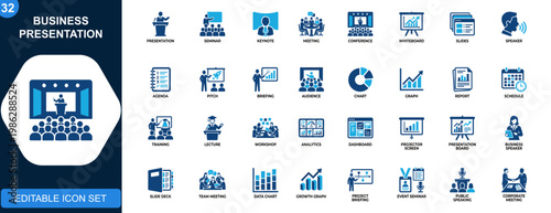 Tablou pe pânză Business presentation icon set, seminar, sales pitch, keynote, meeting, whiteboard, conference, agenda, slides, speaker, analytics