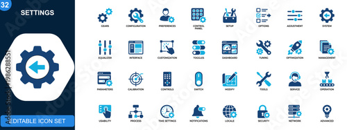 Settings icon set, configuration, preferences, control panel, adjustments, optimization, system setup, gear interface, equalizer controls. Solid icons collection. Vector.