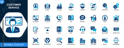Customer service icon set, support, help desk, feedback, operator, technical assistance, client satisfaction, complaint handling. Solid icons collection. Vector.