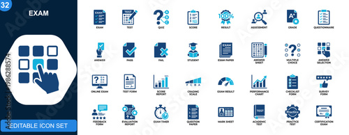 Exam icon set, test, quiz, score, questionnaire, results, grading, assessment, online exam, answer selection. Solid icons collection. Vector.