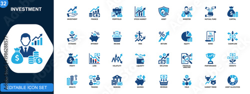 Investment icon set, investor, stock market, mutual fund, portfolio, asset, risk, return, capital, dividend, interest. Solid icons collection. Vector.