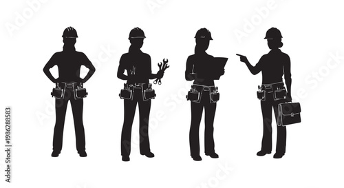 Female construction workers silhouettes set including professional laborers with tool belts hard hats and repair equipment.