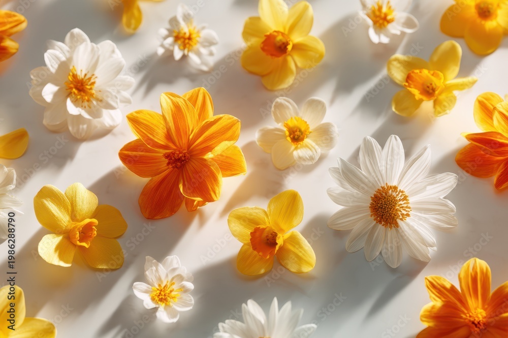 Fototapeta premium Spring flat lay of yellow and white flowers with sunlight