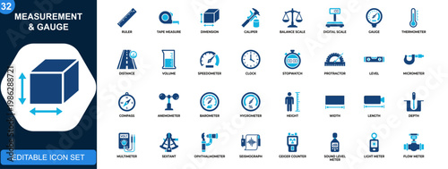 Measurement and gauge icon set, scale, ruler, dimension, temperature, speed, weight, volume, time tools. Solid icons collection. Vector.