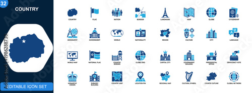 Country icons set, flags, nations, borders, landmarks, citizenship, geography, world map, government systems. Solid icons collection. Vector.