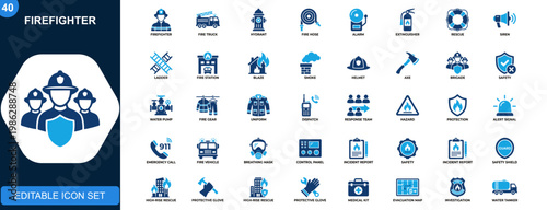Firefighter icon set, fireman, fire truck, hydrant, hose, alarm, rescue equipment, emergency response tools. Solid icons collection. Vector.