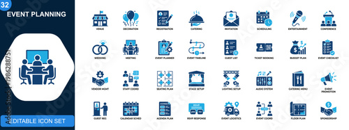 Event planning icon set, venue, decoration, registration, catering, entertainment, invitation, scheduling, budgeting. Solid icons collection. Vector.