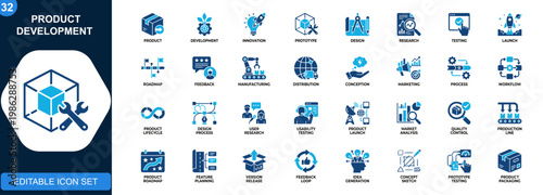 Product development icon set, innovation, prototype, design, research, testing, product launch, roadmap, feedback, manufacturing, distribution. Solid icons collection. Vector.