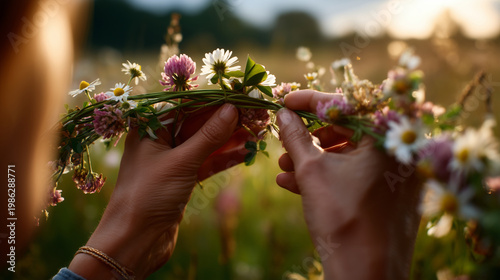 Close-up of hands (faceless) weaving a traditional floral crown with wildflowers, daisies, and clover, sharp focus on the delicate petals and green stems, Midsommar preparation con