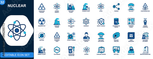 Nuclear icons collection, radiation hazard, reactor, atomic energy, radioactive warning, nuclear plant, explosion, safety. Editable icons collection. Vector.