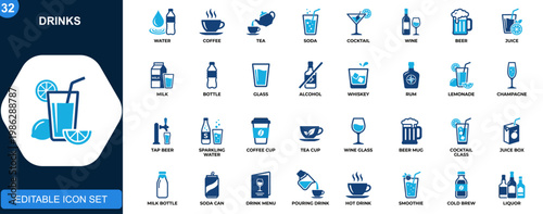 Drinks icon set, water, coffee, tea, soda, cocktail, wine, beer, juice, milk, bottle, glass, beverage collection. Solid icons collection. Vector.