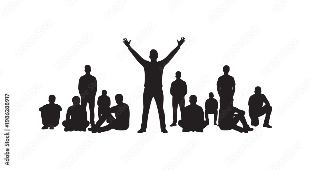 Obraz premium People group silhouettes with man celebrating in the middle, sitting and standing, isolated vector illustration.