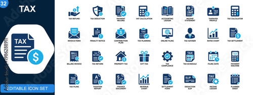 Tax icons set. Tax refund, deduction, payment, VAT, accounting, income, taxpayer management. Solid icons collection. Vector.