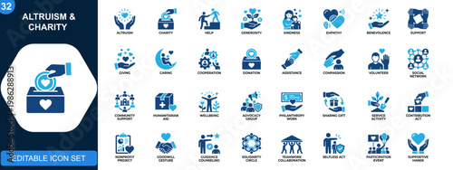 Altruism and Charity Icons. Helping, Generosity, Kindness, Empathy, Benevolence, Support, Giving, Caring, Cooperation. Solid icons collection. Vector.