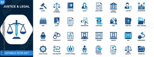 Justice and Legal Icons. Court, law, lawyer, judgment, authority, criminal, prison, verdict, jury, punishment. Solid icons collection. Vector.