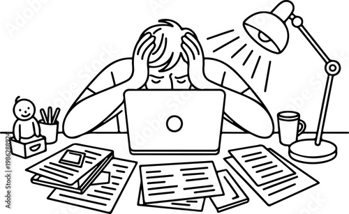Frustrated person with head in hands working at a cluttered desk with laptop.
