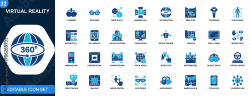 Virtual reality icons set. VR, augmented reality, mixed reality, 360 degree, immersive headset, AR, simulation, interactivity. Solid icons collection. Vector.