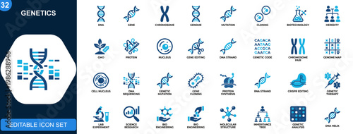 Genetics icons set, DNA gene chromosome genome mutation cloning biotechnology research, heredity and genetic engineering. Solid icons collection. Vector.