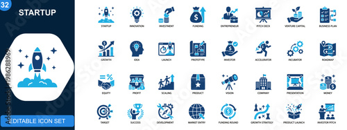 Startup icons collection. Innovation, investment, funding, business plan, entrepreneurship, pitch, venture capital, growth strategy. Solid icons collection. Vector.
