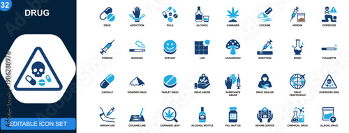 Drug and substance abuse icon set, pills, alcohol, cannabis, cocaine, heroin, overdose, syringe, smoking, addiction, trafficking. Solid icons collection. Vector.
