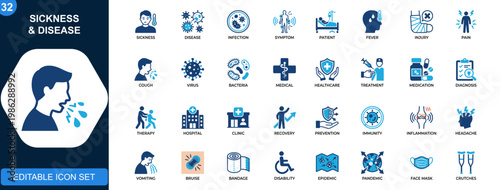 Sickness and disease icon set, illness, infection, symptoms, injury, pain, patient care, treatment, medication, healthcare. Solid icons collection. Vector.