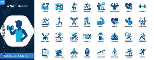 Gym fitness icon set, workout exercise equipment, weight training, bodybuilding, cardio machines, healthy lifestyle. Solid icons collection. Vector.