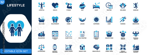 Lifestyle icon set, health, fitness, diet, sleep, routine, self care, relationships, wellness, hobbies, leisure, happiness. Solid icons collection. Vector.