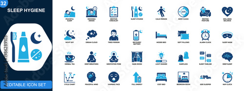 Sleep hygiene and insomnia prevention icon set, bedtime routine, relaxation, circadian rhythm, rest improvement, wellness tips. Minimalist icons collection. Vector.