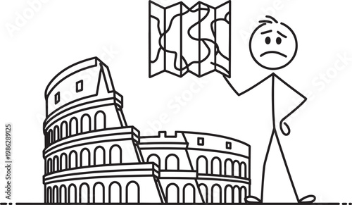 Confused stick figure tourist looking sad and lost with a folded map next to the ancient