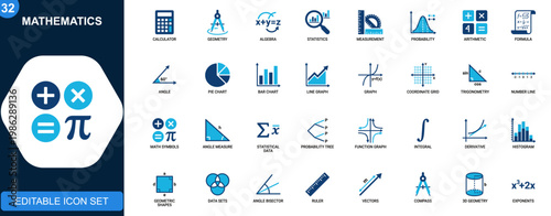 Mathematics icon set, geometry, algebra, statistics, calculator, equations, graphs, angles, charts. Solid icons collection. Vector.