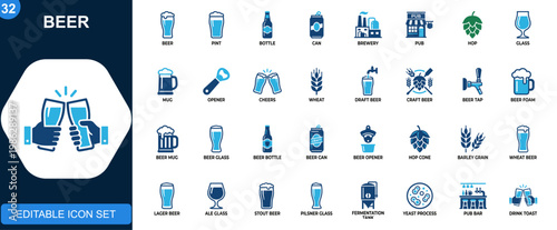 Beer icons collection, pint, bottle, can, hop, brewery, pub, craft beer, drinking, opener, wheat, cheers. Solid icons collection. Vector.