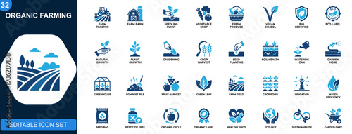 Organic farming icons set, vegan agriculture, bio food, natural produce, eco cultivation, gardening, harvest, sustainability. Solid icons collection. Vector.